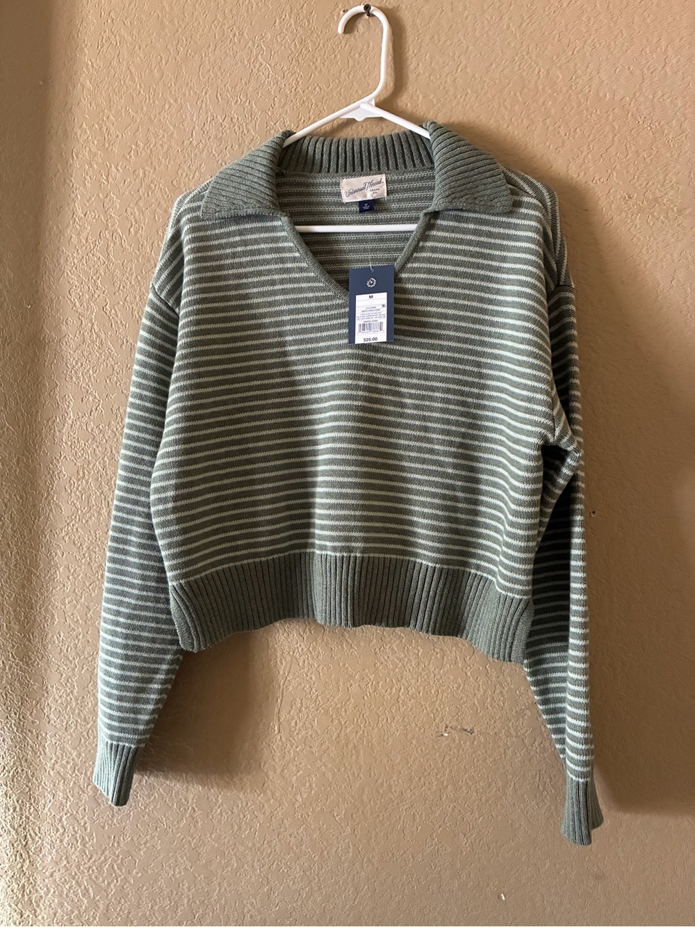 Universal Thread Sage Green & Ivory Striped Collared Crop Sweater